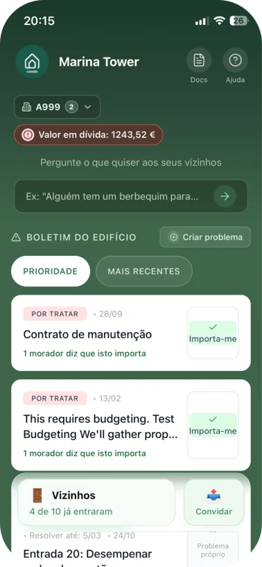 Boletim do edifício e ocorrências — app do condómino Premier Living, gestão de condomínios Porto