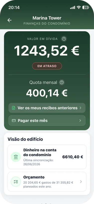Finanças do condomínio — app do condómino Premier Living, gestão de condomínios Porto