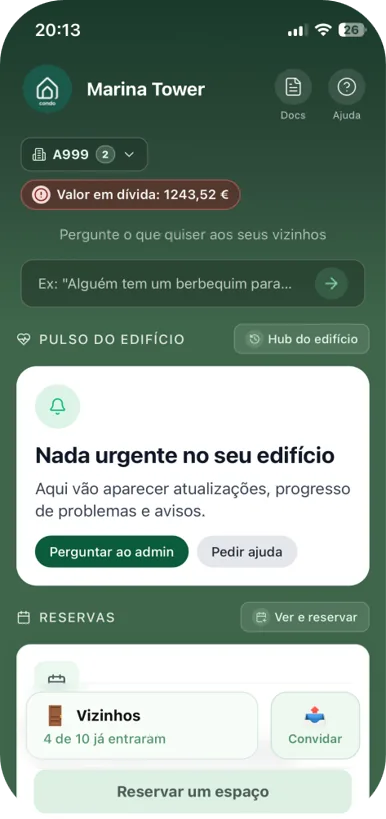 Ecrã principal do residente — app do condómino Premier Living, gestão de condomínios Porto